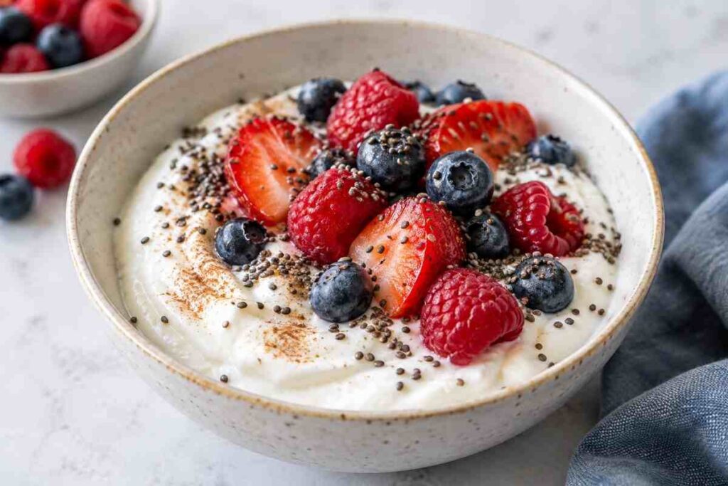 Plain Greek yogurt bowl topped with mixed berries and chia seeds