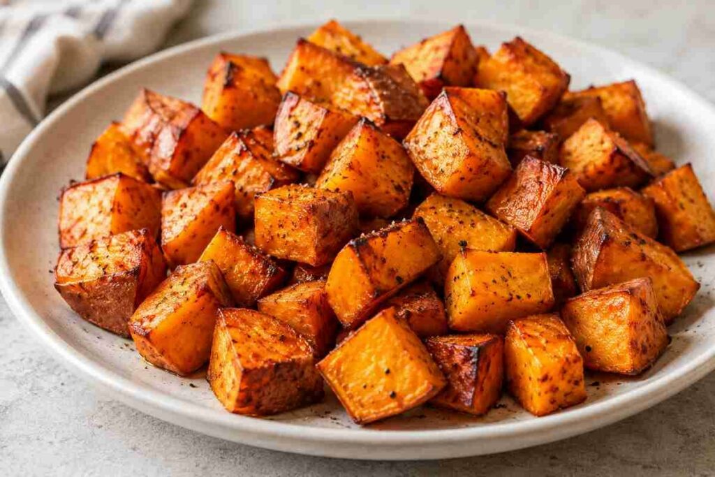 Golden roasted sweet potato cubes on a sheet pan