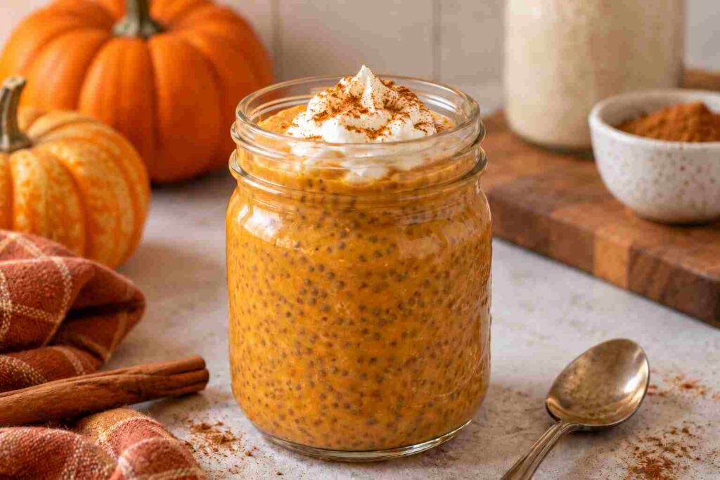 Pumpkin Spice Chia Cup topped with whipped cream and cinnamon