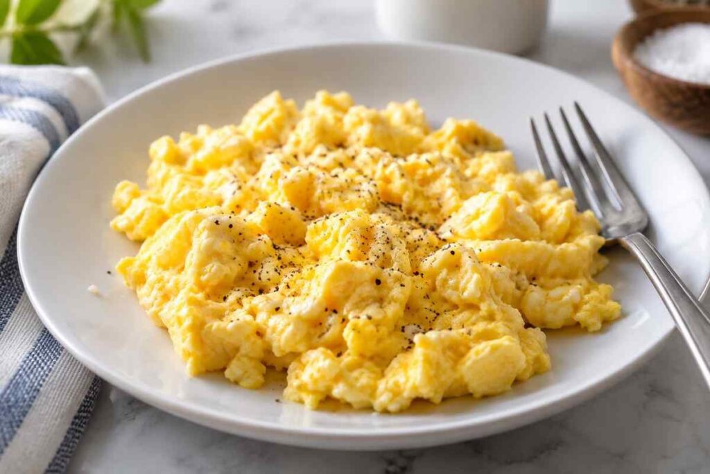 Soft scrambled eggs with tender curds in a skillet