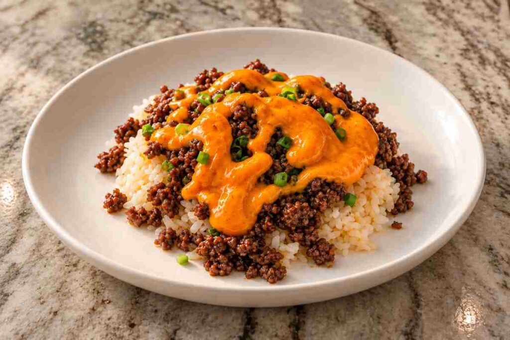 Korean-inspired ground beef over jasmine rice topped with creamy orange gochujang sauce and green onions